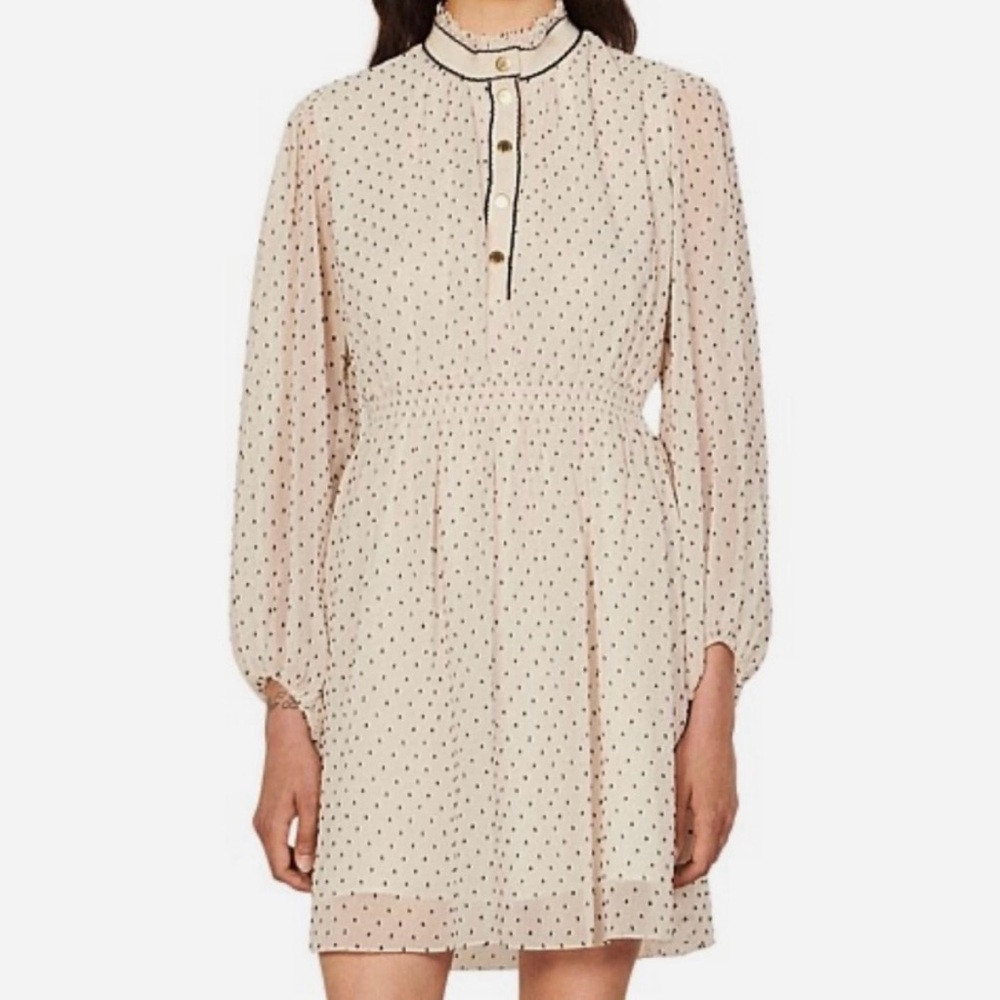 Sandro Cream Polka Dot Long-Sleeve Dress